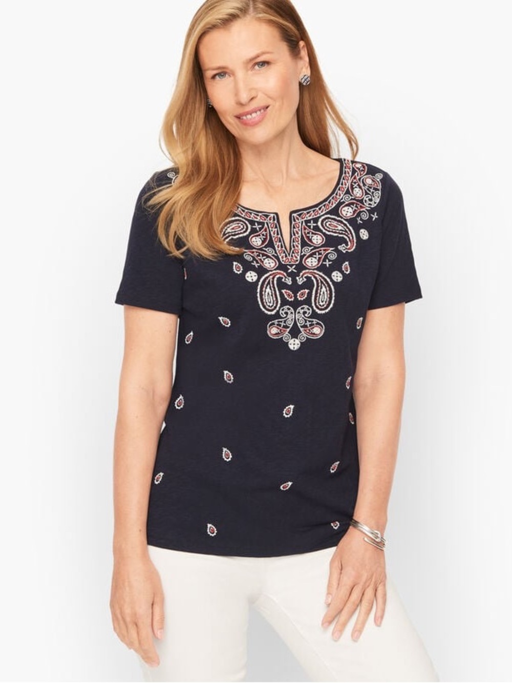 Talbots Navy Short-Sleeve V-Neck Top with Red & White Paisley- Small EUC